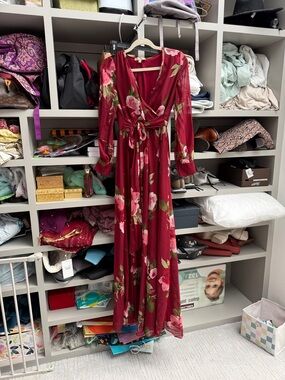 Floral Burgundy Wrap Maxi Dress with Self-Tie Waist